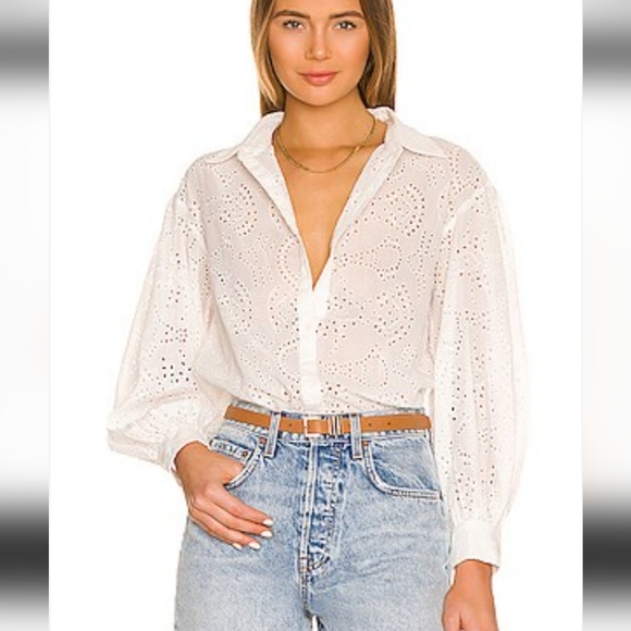 Nili Lotan Tops - Nili Lotan Andree Ivory Cotton Eyelet Button Down, Long Puffed Sleeve Top Small